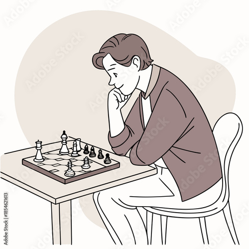 Young man thinking while playing chess at a table indoors  