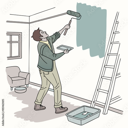 Man painting wall with roller in living room using light green color  