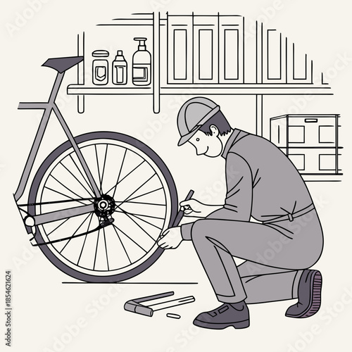 Mechanic repairing bicycle tire in workshop with tools and shelves  