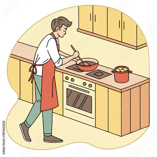 Young man cooking in modern kitchen while stirring sauce in pan  