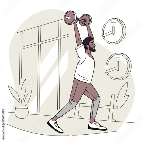 Fit black man exercising with dumbbells in modern gym interior  