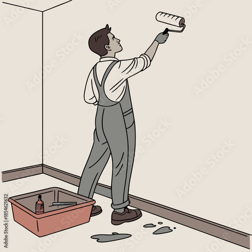 Man painting wall with roller in empty room with tools nearby  