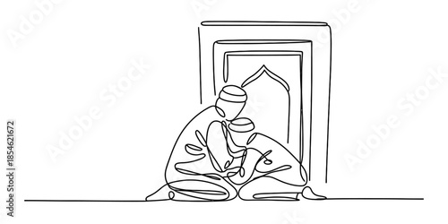 Minimalist continuous line art drawing of a father and son praying together Vector, illustration