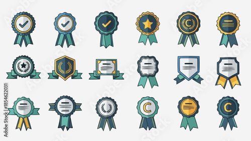 Collection of various award ribbons and badges for recognition and achievement.