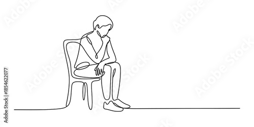 Continuous line drawing of a person sitting alone in a chair, portraying sadness and contemplation Vector, illustration