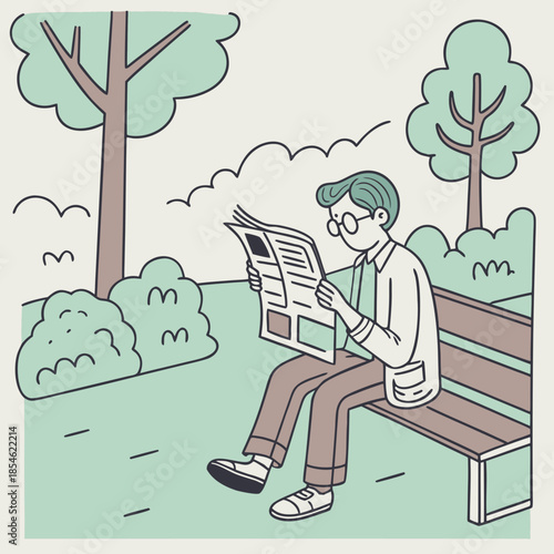 Young man reading newspaper while sitting on bench in park  