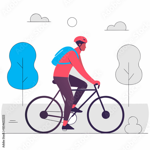 Man riding bicycle through park with trees and clouds in background  