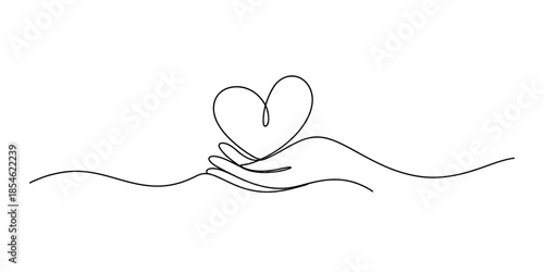 Continuous line drawing of a hand holding a heart shape on a white background Vector, illustration