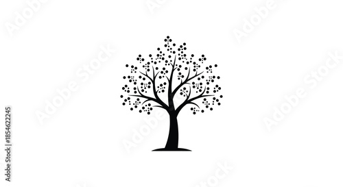 A striking black tree with full foliage stands prominently against a bright white background silhouette