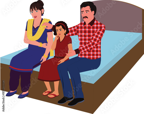 indian family watching tv animation ready illustration