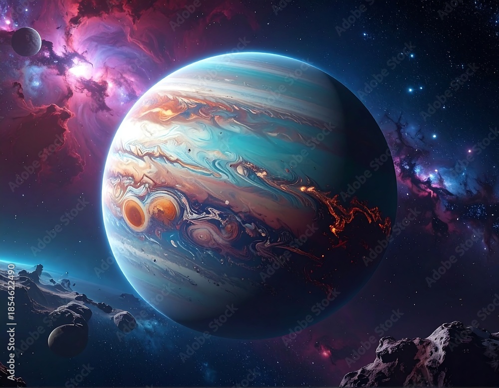 Obraz premium A vibrant gas giant surrounded by a nebula and celestial bodies