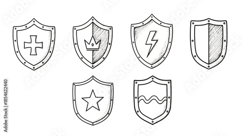 Hand drawn shield icon collection featuring medieval and modern symbols