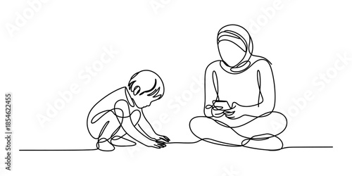 Mother and child connected by technology and play Vector, illustration