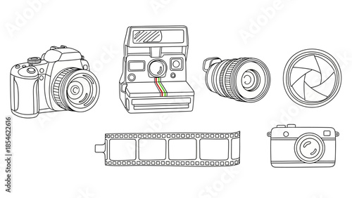 Black and white line drawings of cameras lenses film strip and vintage photography gear