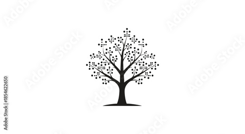 A detailed depiction of a flourishing tree with abundant foliage presented as a silhouette