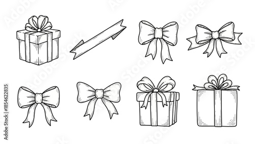 Hand drawn gift and bow icon set in black and white simple sketch style for designs