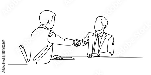 Two businessmen shaking hands over a table, depicted in a minimalist single line art style. Vector, illustration