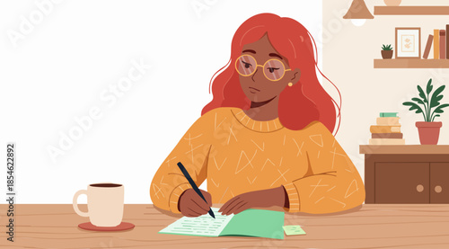 Illustration of a Woman with Red Hair and Glasses Writing in a Notebook at a Wooden Desk, with a Coffee Mug Beside Her in a Cozy Home Setting