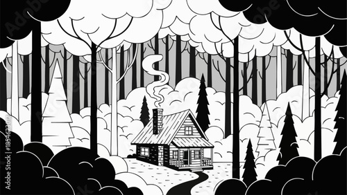 Cozy Cabin in a Snowy Forest with Smoke from Chimney.