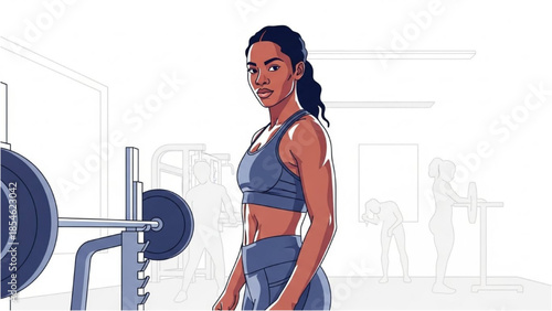 A woman standing in a gym with weights