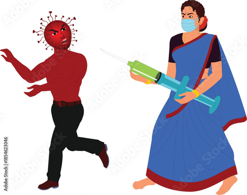 indian woman stopping corona with injection illustration animation ready