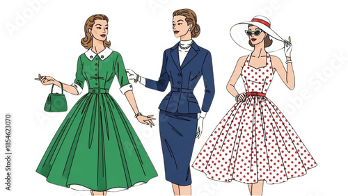 Vintage fashion illustration of three people in stylish clothing and accessories.