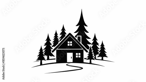 Cozy Cabin Nestled Among Tall Evergreen Trees.