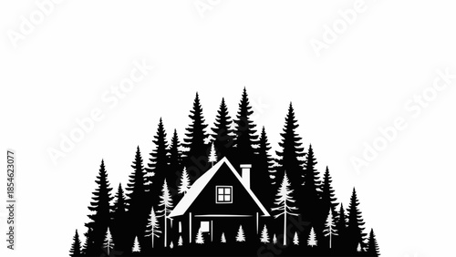 Cozy Cabin Nestled Among Tall Evergreen Trees.