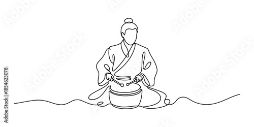 Continuous line drawing of a person playing a traditional drum Vector, illustration