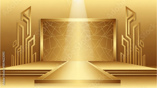 Luxurious golden stage with geometric patterns and spotlights from above