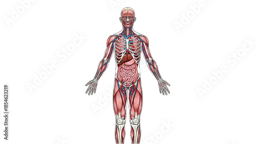 Detailed anatomical illustration of human body with visible skeletal and circulatory systems