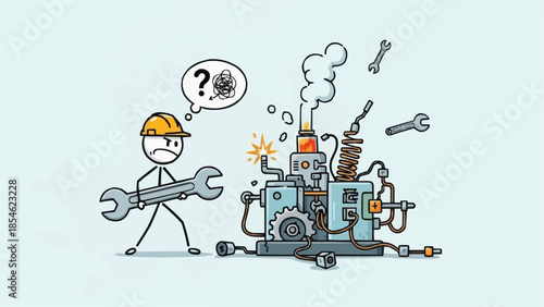 Confused stick figure mechanic with wrench near broken machine.
