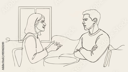 Couple having a serious conversation at a table indoors.