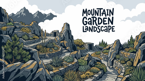 mountain garden adapted to high elevation, featuring hardy plants, rocks, and natural slopes, blending cultivated beauty with rugged alpine surroundings