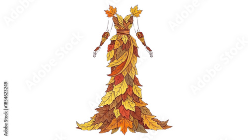 A woman wearing a dress made of autumn leaves standing in a serene landscape viewed from the front.