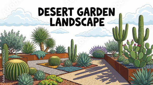 Desert garden designed with cacti, succulents, gravel, and drought-resistant plants, combining minimalism, sustainability, and striking natural textures