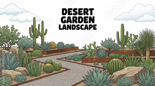 Desert garden designed with cacti, succulents, gravel, and drought-resistant plants, combining minimalism, sustainability, and striking natural textures