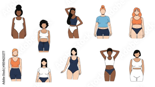 Diverse group of women in various swimwear and casual tops standing in a grid on a white background