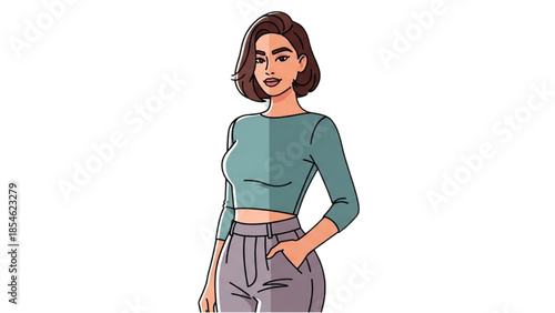 Illustration of a young woman with her hand in pocket standing confidently against a white background
