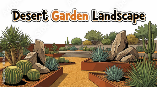 Desert garden designed with cacti, succulents, gravel, and drought-resistant plants, combining minimalism, sustainability, and striking natural textures