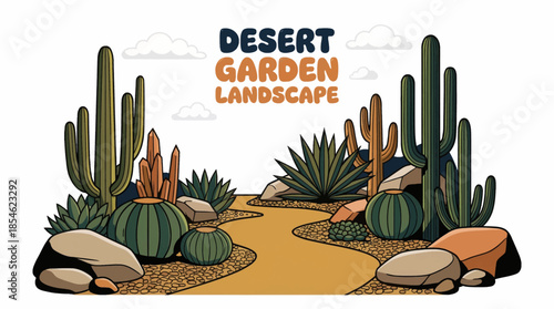 Desert garden designed with cacti, succulents, gravel, and drought-resistant plants, combining minimalism, sustainability, and striking natural textures