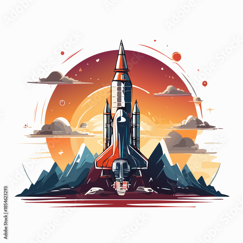 Illustration of a rocket ship launching from a mountainous landscape against a sunset backdrop.
