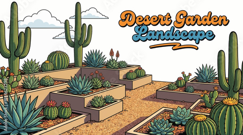Desert garden designed with cacti, succulents, gravel, and drought-resistant plants, combining minimalism, sustainability, and striking natural textures