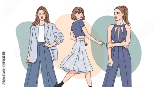 Fashionable women posing in stylish outfits and elegant attire, showcasing modern clothing and accessories from a frontal viewpoint
