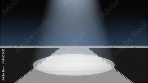 A spotlight shines down on an empty stage from above, creating a dramatic atmosphere in a dark theater