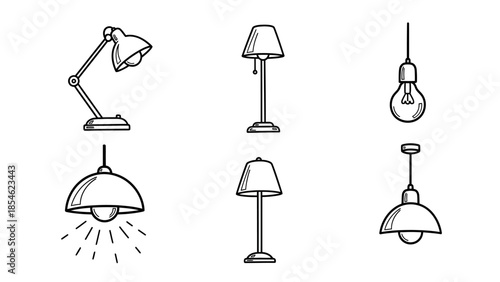 Black and white line art showing six distinct lamp and lighting icons for interior design