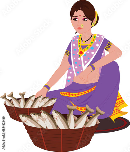 indian woman selling fish illustration animation ready	