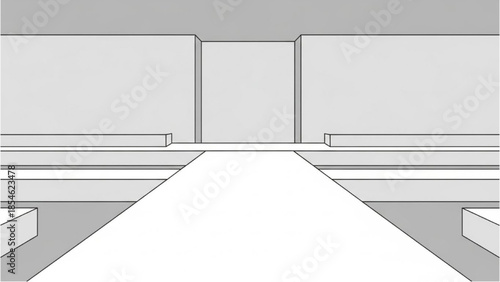 A long empty white corridor with gray walls and a minimalist design