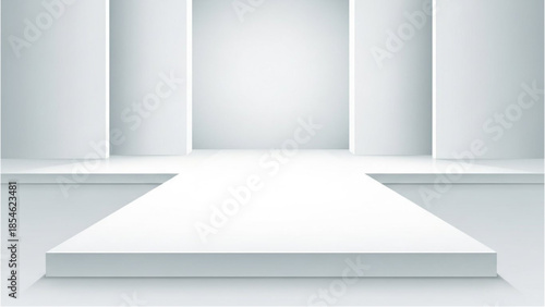 A minimalist white stage with a sleek platform and clean backdrop for product display or presentation purposes