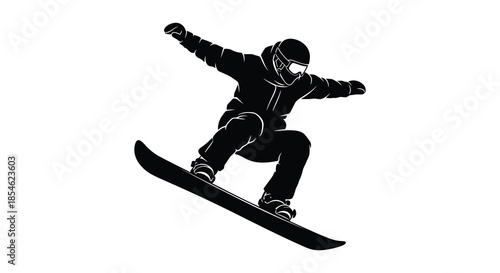 A dynamic snowboarder mid air showcasing an impressive trick with a dark striking silhouette